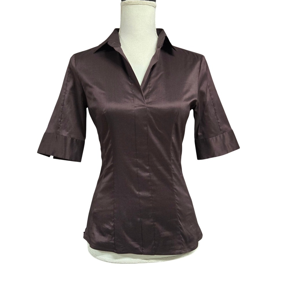 Hugo Boss Satin V-Neck Short Sleeve Side Zip Blouse Top Burgundy Y2K Size 2/ XS